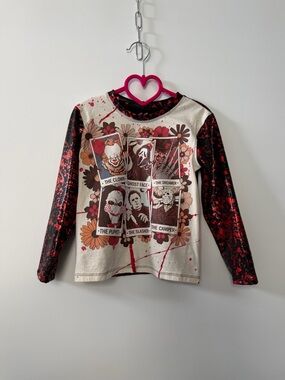 Kids Long-Sleeve Graphic Horror Character Tee in Cream and Red